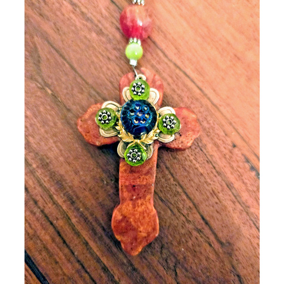 Handmade gemstone cross with Czech glass necklace Boho - Picture 4 of 7
